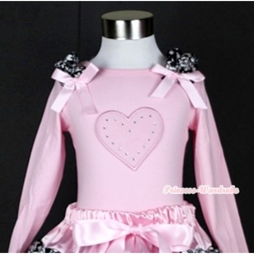 Light Pink Long Sleeves Top with Light Pink Heart Print With Damask Ruffles & Light Pink Bow TW318 